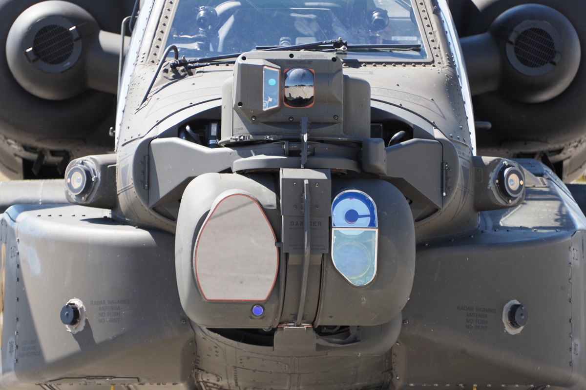 The nose-mounted TADS/PNVS sensor turret on an AH-64 Apache