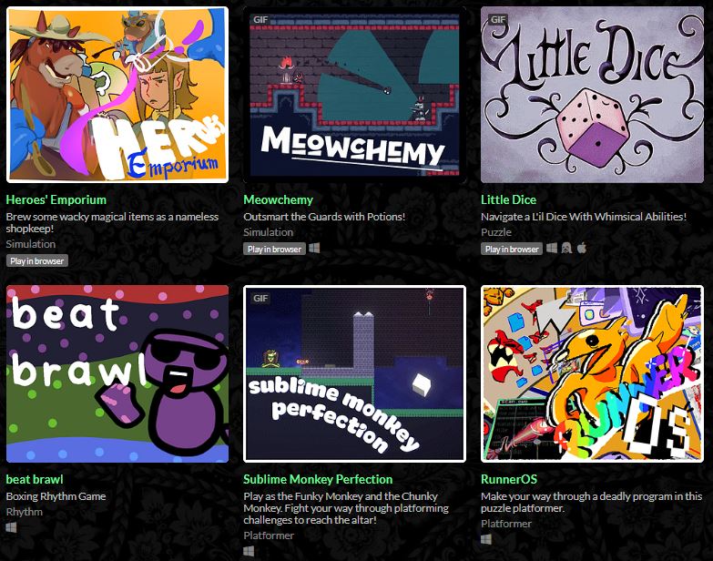 A screenshot of some of the games I made.